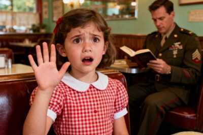 At a quiet roadside diner, a three-year-old girl curled her tiny hand into an S.O.S. signal. A soldier, seated a few booths away, noticed and casually offered her a piece of candy. The man beside her reacted instantly, striking her hard across the face. “She’s allergic,” he barked, eyes flashing. The soldier called the police, but when they arrived, the man coolly presented official documents showing he was her father. Just as the sheriff was about to back off, the little girl leaned in close and whispered four words that froze the room