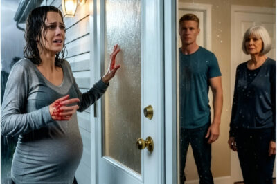 My husband and his mother locked me out in the rain at night—while I was six months pregnant. They watched me through the glass while I was bleeding before turning off the light. By midnight, I was back on that same porch—only this time, I wasn’t alone. As they opened the door, my husband’s face drained of color. His mother’s voice broke into a scream as the wine glass fell from her hand. Because the man was…